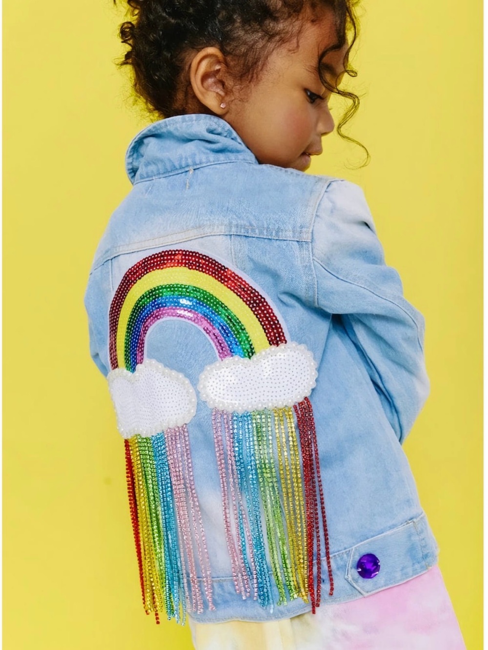 LOLA AND THE BOYS Kids Light Blue Denim Jacket with Sequin Rainbow Patch SIZE 6